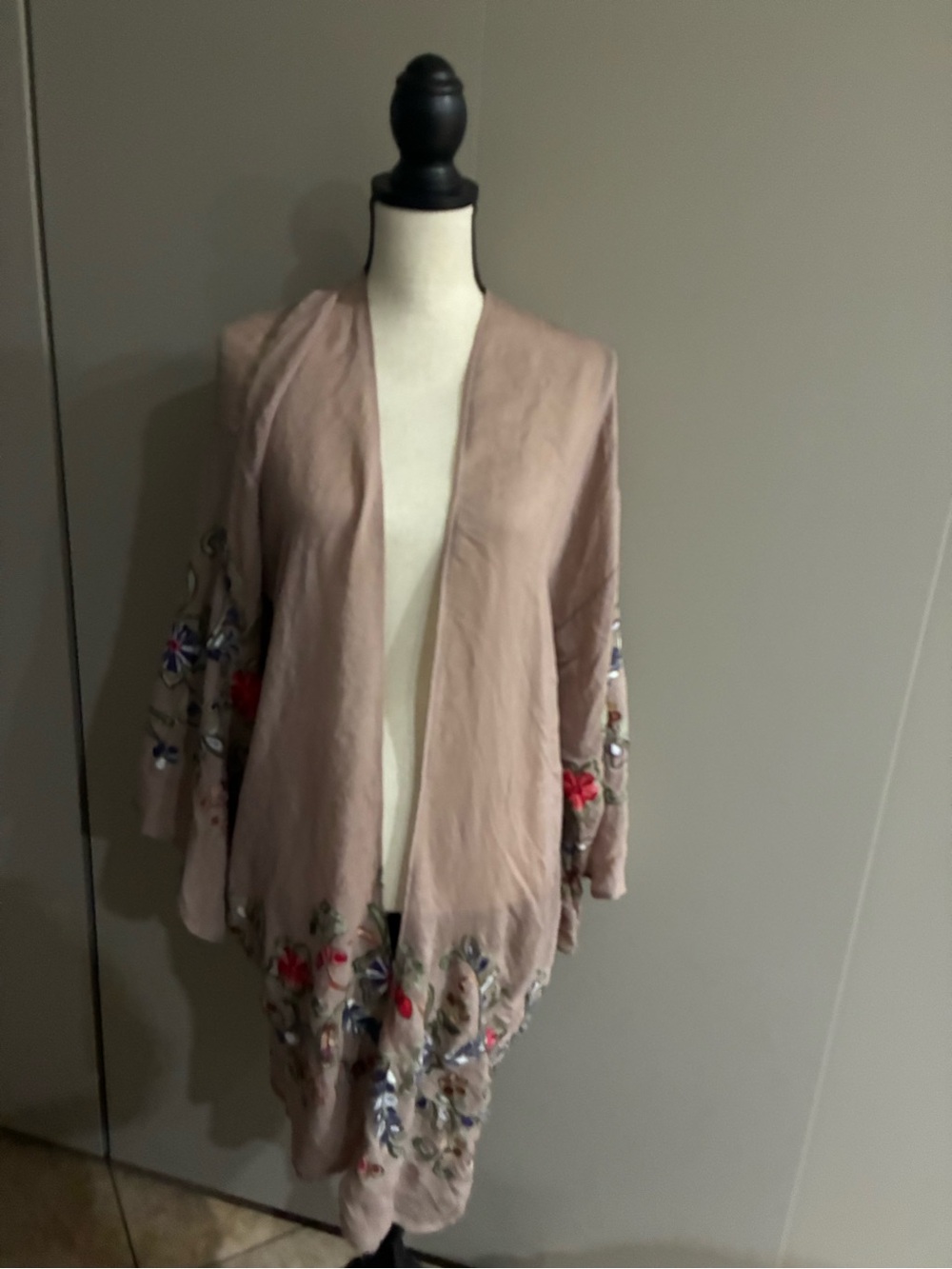 Embroidered Open-Front Blush Pink Women's Duster Coat